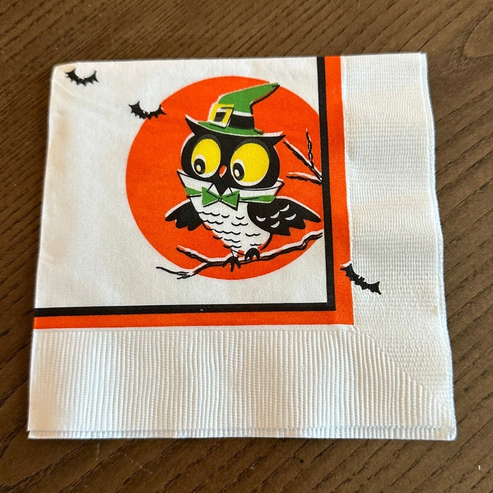 Vintage Rembrandt Halloween Cocktail Napkins Owl Witch Hat Mid Century Retro 5x5